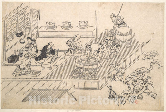 Art Print : Hishikawa Moronobu - The Kitchen of a Joroya. - Japan : Vintage Wall Art