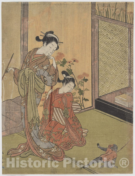 Art Print : Suzuki Harunobu - Two Girls Looking at a Monkey on a Leash - Japan : Vintage Wall Art