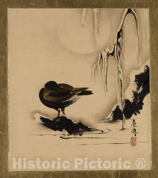 Art Print : Shibata Zeshin - Lacquer Paintings of Various Subjects: Bird and Willow in Snow - Japan : Vintage Wall Art