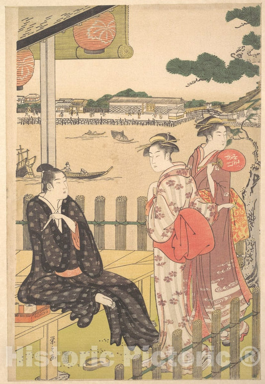 Art Print : Ch?bunsai Eishi - Group at a Tea-House on The Bank of The Sumida River - Japan : Vintage Wall Art