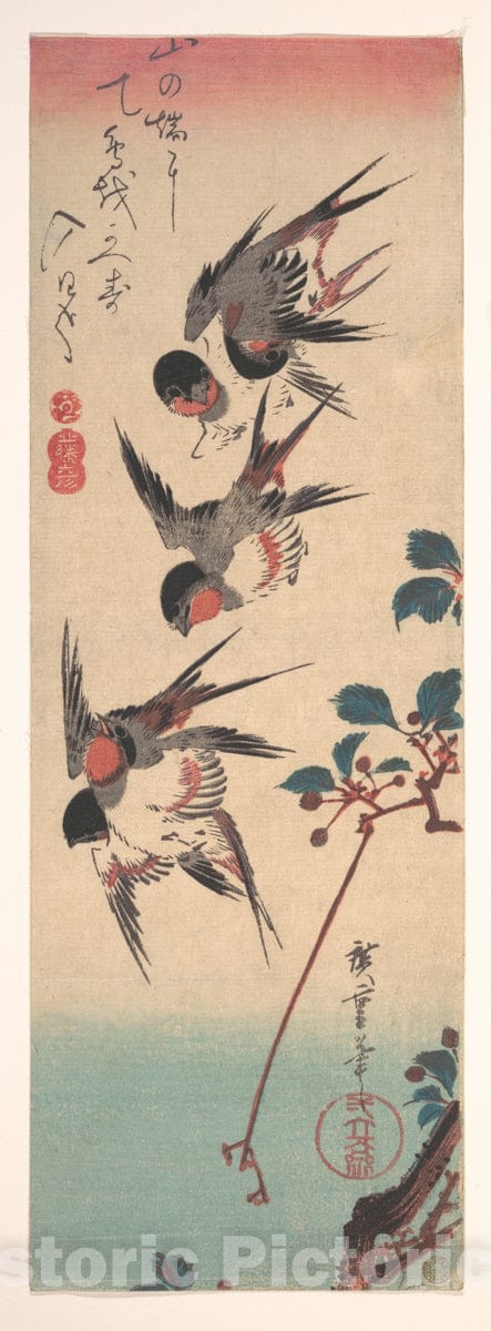 Art Print : Utagawa Hiroshige - Swallows and Wild Cherry : Vintage Wall Art