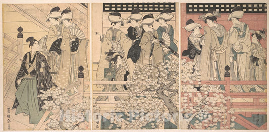 Art Print : Utagawa Toyokuni I - Beauties on a Veranda Among Cherry Blossoms from which a Samurai is Departing - Japan : Vintage Wall Art