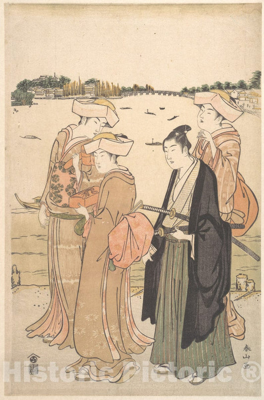 Art Print : Katsukawa Shunzan - A Young Samurai and Three Women - Japan : Vintage Wall Art