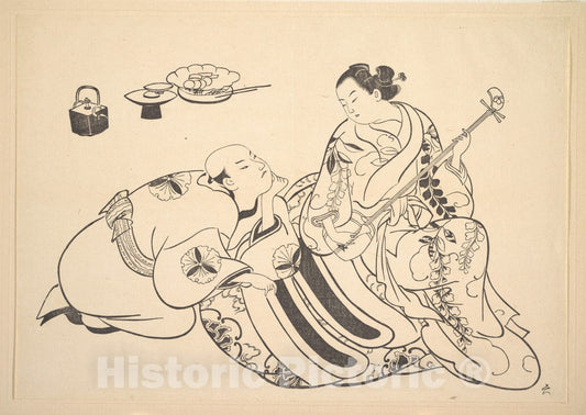 Art Print : Okumura Masanobu - an Oiran Playing The Shamisen to a Young Man Kneeling by Her Side in Rapt Attention - Japan : Vintage Wall Art