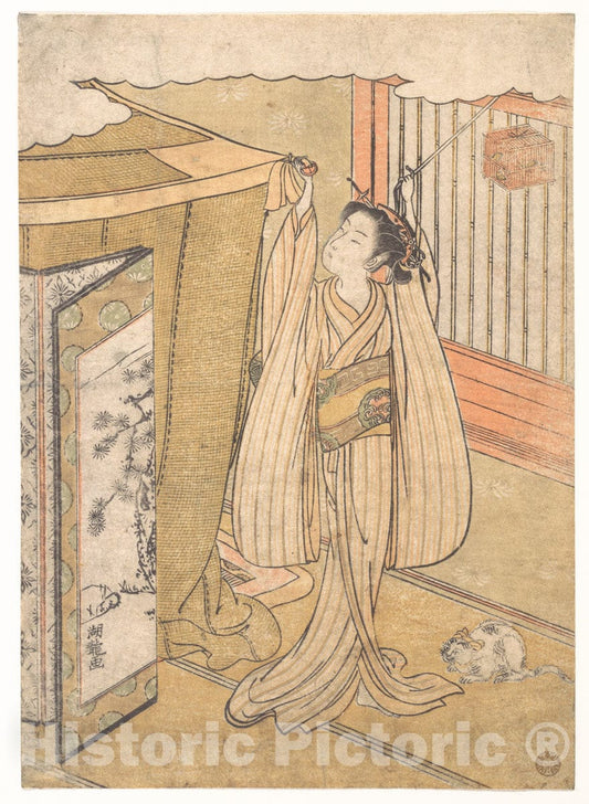 Art Print : Isoda Kory?sai - A Girl Hanging up a Mosquito Net Canopy Over Her Bed. - Japan : Vintage Wall Art