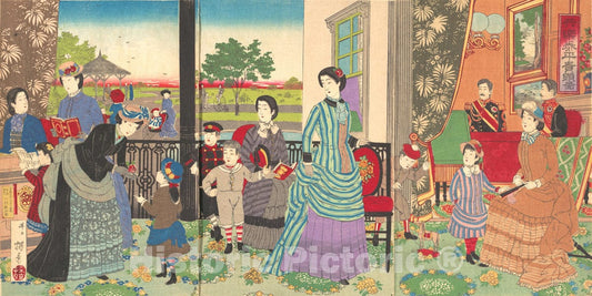 Art Print : Inoue Yasuji - Illustration of The Emperor Enjoying a Moment of Peace with his Family (Ky?raku taihei kiken zu) - Japan : Vintage Wall Art