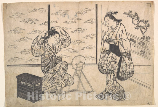 Art Print : Hasegawa Mitsunobu - Two Women in a Room Opening on a Verandah - Japan : Vintage Wall Art