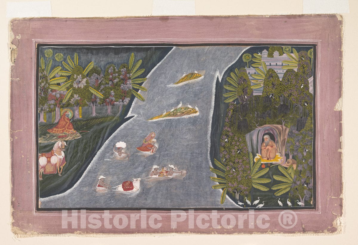 Art Print : Chokha - Radha Crosses a River to Interview a Hindu Sage - India (Rajasthan, Mewar) : Vintage Wall Art