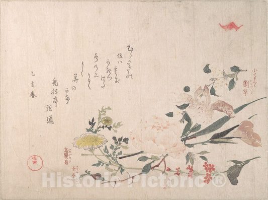 Art Print : Kubo Shunman - Rose, Iris, Primrose and Daisy - Japan : Vintage Wall Art