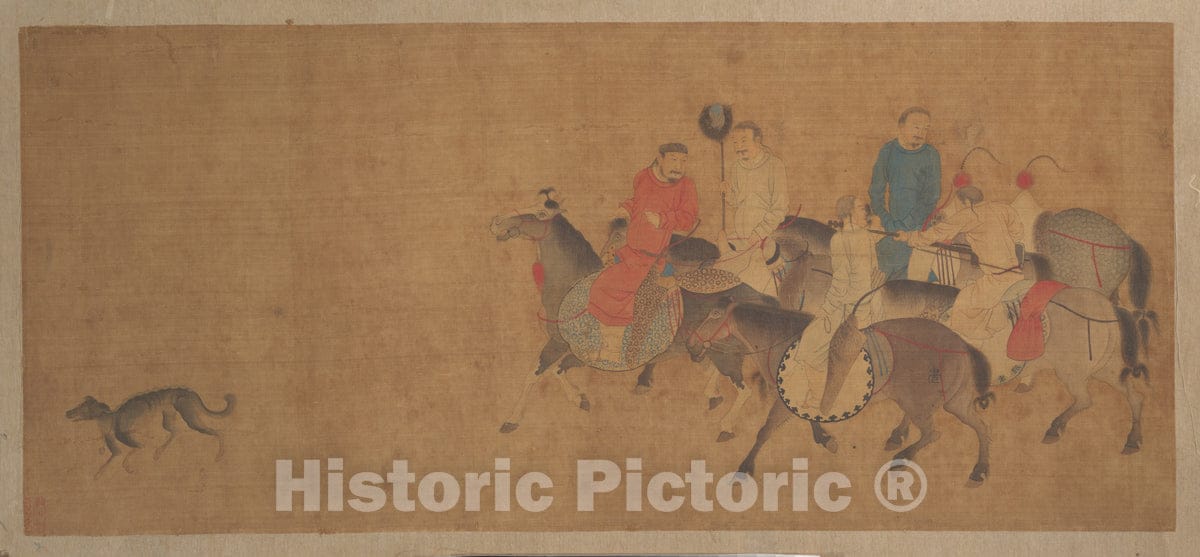 Art Print : Unidentified Artist - Horsemen with Dog - China - Ming Dynasty (?) (1368–1644) : Vintage Wall Art