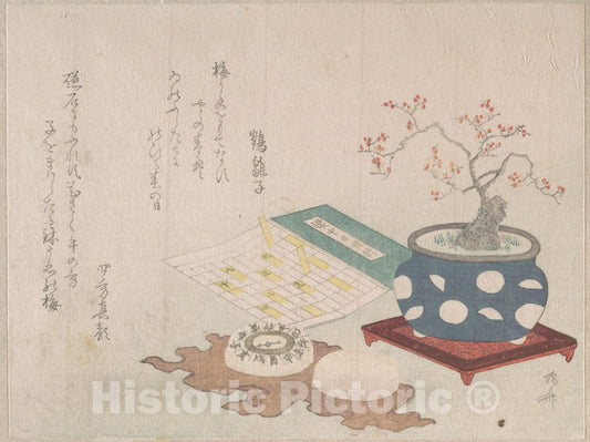 Art Print : Bonsai Plum, Compass, and Pocket Sundial with Design of Calendar, from Spring Rain Surimono Album - Artist: Ryuryukyo Shinsai - Created: 1806 : Vintage Wall Art