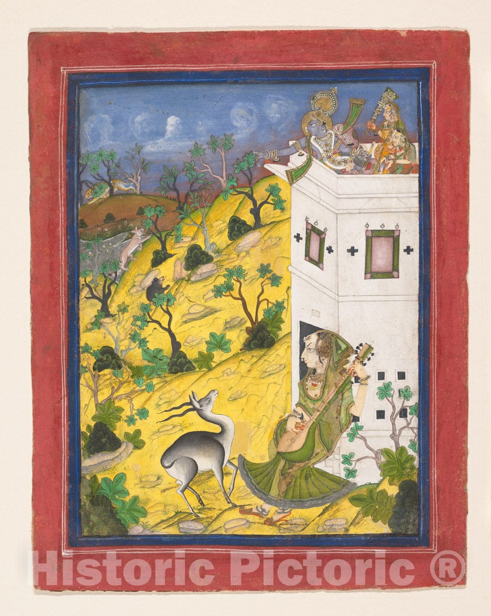 Art Print : A Female Musician Charms an Antelope : Vintage Wall Art