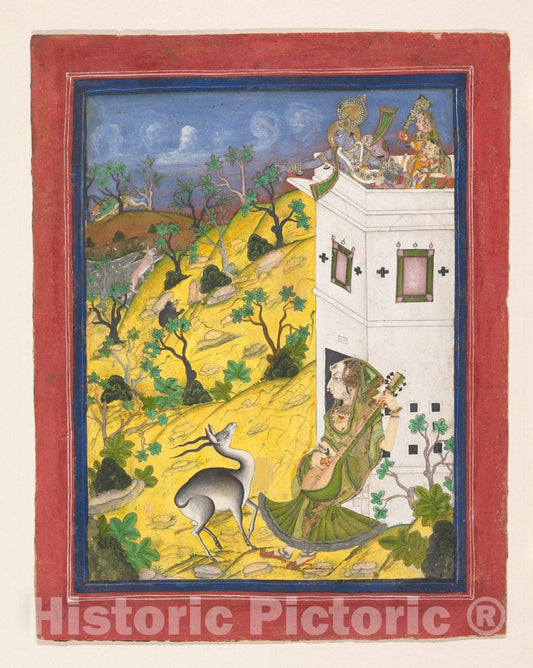 Art Print : A Female Musician Charms an Antelope : Vintage Wall Art