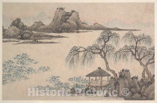 Art Print : Shen Zhou - Landscape with Pavilion and Willows - China - Ming (1368–1644) or Qing (1644–1911) Dynasty : Vintage Wall Art