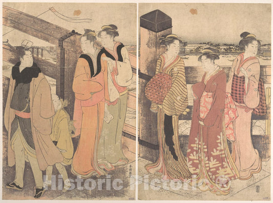 Art Print : Katsukawa Shunch? - A Group of Women, One Man and a Boy on a Bridge - Japan : Vintage Wall Art