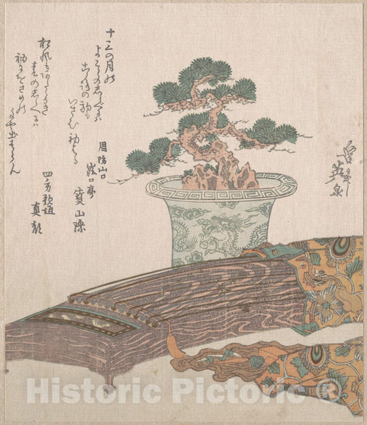 Art Print : Keisai Eisen - Potted Pine Tree and Koto (Japanese Harp) - Japan : Vintage Wall Art