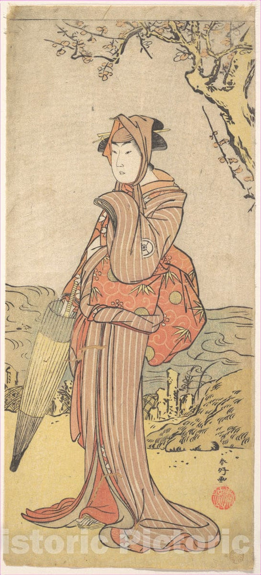 Art Print : Katsukawa Shunk? - Iwai Kiyotaro as a Woman Standing Under a Plum Tree - Japan : Vintage Wall Art