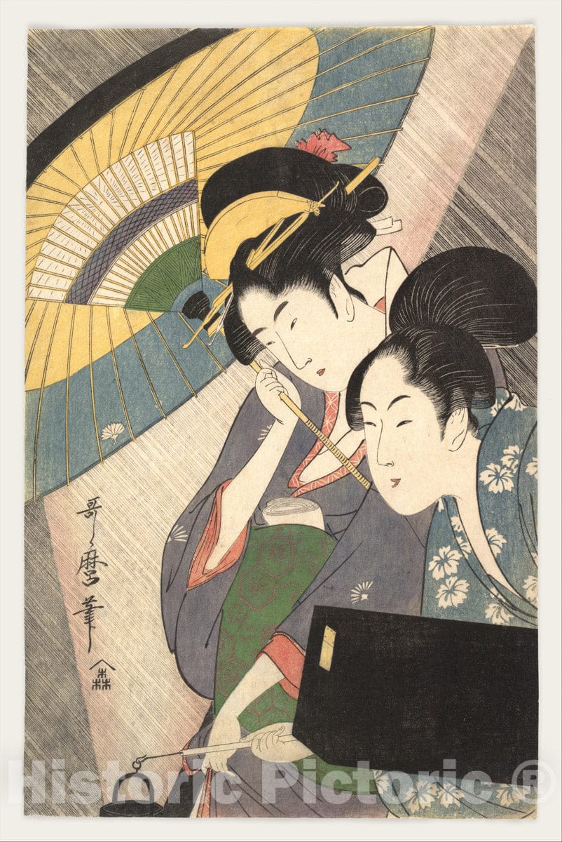 Art Print : Kitagawa Utamaro - Two Women Under an Umbrella - Japan : Vintage Wall Art