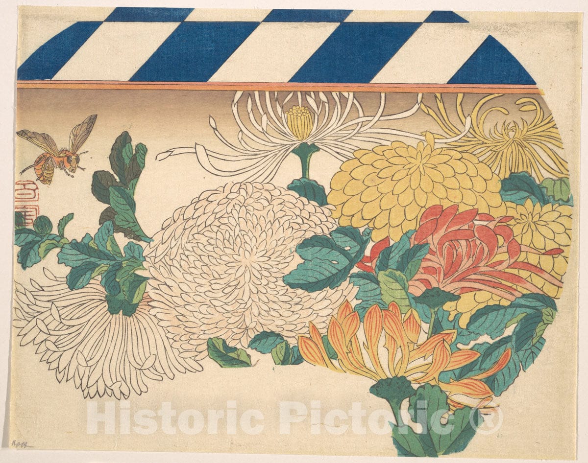Art Print : Utagawa Hiroshige - Chrysanthemums in Fan-Shaped Design - Japan : Vintage Wall Art