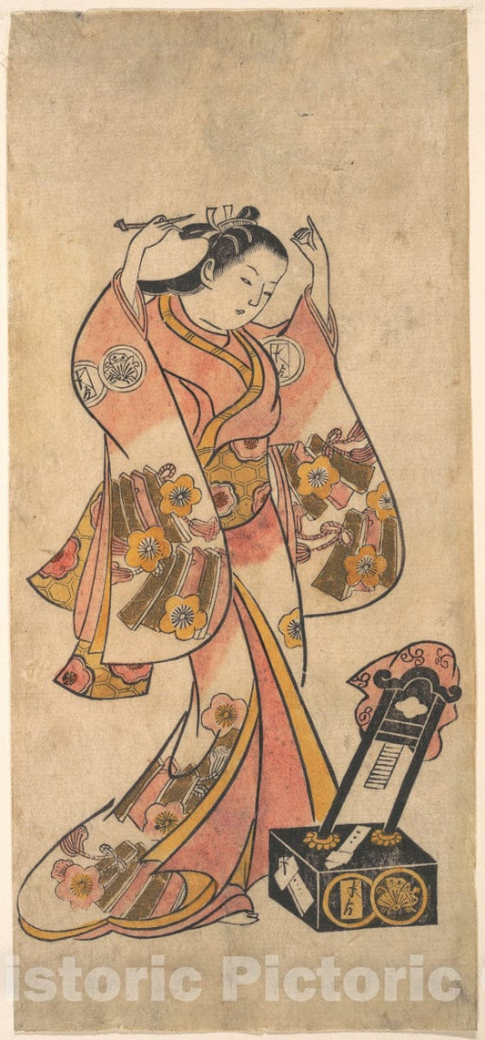 Art Print : Torii Kiyomasu II - Sanj? Kantar? as a Woman Arranging Her Hair Before a Lacquer Mirror - Japan : Vintage Wall Art