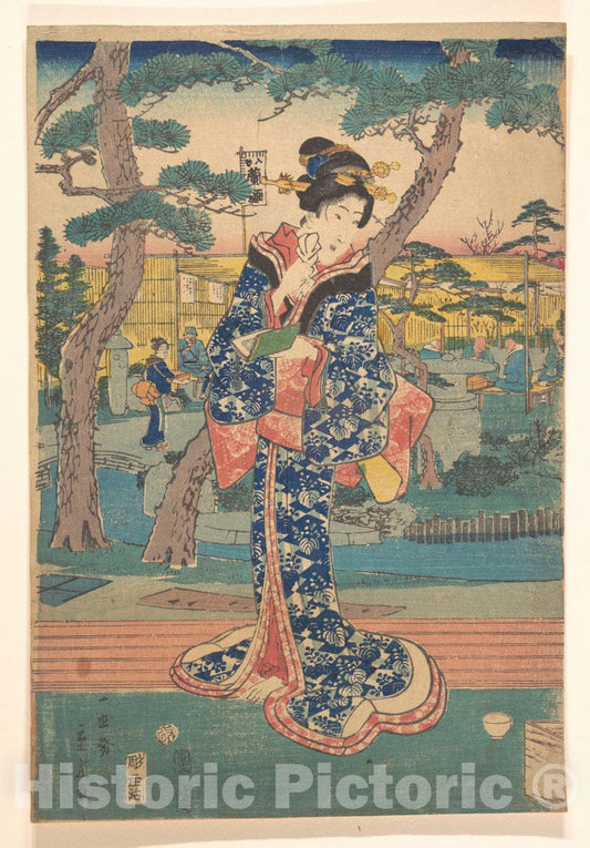 Art Print : Utagawa Hiroshige II - Young Girl at Tea House in Iriya - Japan : Vintage Wall Art