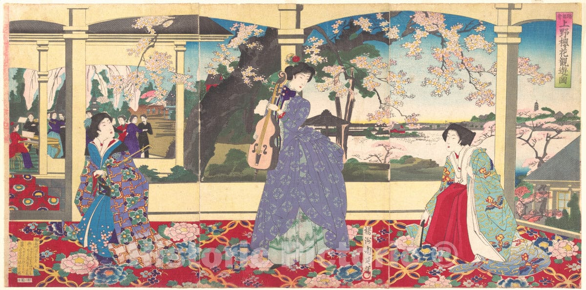 Art Print : Y?sh? (Hashimoto) Chikanobu - A Dance Party: Enjoying Cherry Blossom Viewing at Ueno (T?bukai Ueno ?ka y?ran no zu) - Japan : Vintage Wall Art