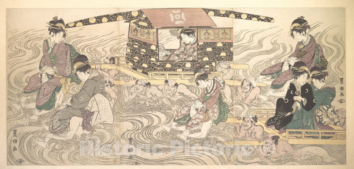 Art Print : Utagawa Toyokuni I - Fair Travellers Fording The River Oi - Japan : Vintage Wall Art