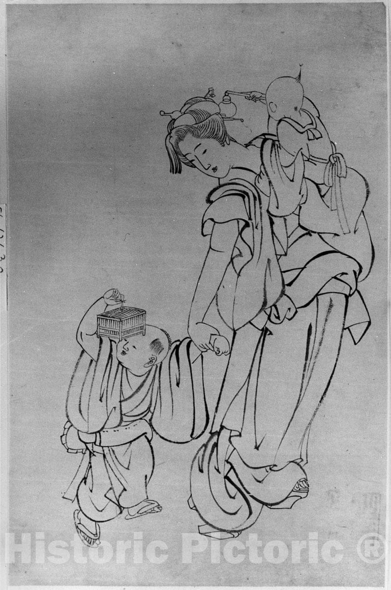 Art Print : School of Katsushika Hokusai - Mother and Children in Summer Night - Japan v.1 : Vintage Wall Art