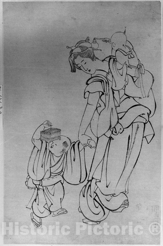Art Print : School of Katsushika Hokusai - Mother and Children in Summer Night - Japan v.1 : Vintage Wall Art
