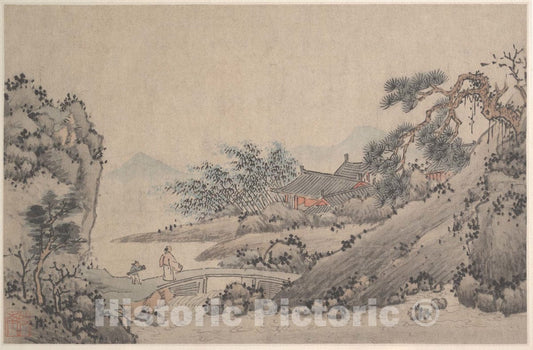 Art Print : Shen Zhou - Landscape with Man Crossing Bridge - China - Ming (1368–1644) or Qing (1644–1911) Dynasty : Vintage Wall Art