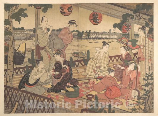Art Print : Kubo Shunman - Two Young Men and Several Women Dining at a Tea-House on The Bank of The Sumida River - Japan : Vintage Wall Art