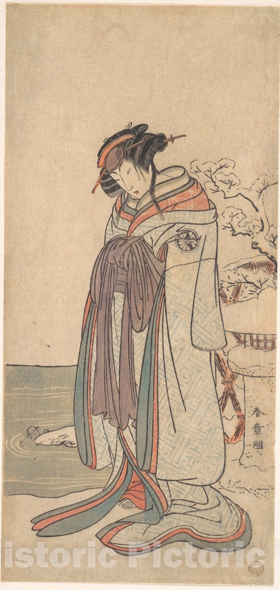 Art Print : Katsukawa Shunsh? - The Third Segawa Kikunojo as a Courtesan Standing in The Snow - Japan : Vintage Wall Art