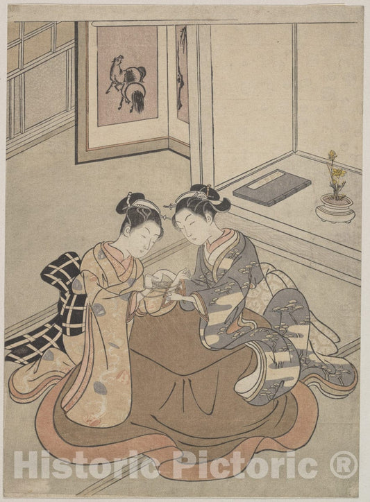 Art Print : Suzuki Harunobu - Two Young Women Seated by a Kotatsu Playing Cat's Cradle - Japan : Vintage Wall Art