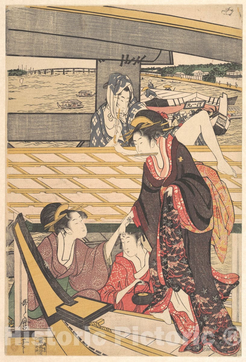 Art Print : Kitagawa Utamaro - Pleasure Parties in Boats on The Sumida River Under The Ryogoku Bridge - Japan : Vintage Wall Art
