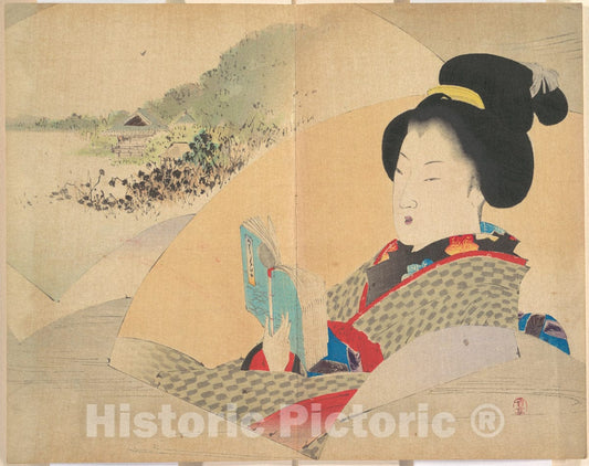 Art Print : Watanabe Seitei - Beauty Looking at Shinobazu Pond, Illustration from Bugei Kurabu (Literary Club) - Japan : Vintage Wall Art