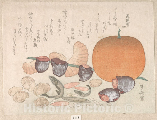 Art Print : Ry?ry?kyo Shinsai - Orange, Dried Persimmons, Herring-Roe and Different Nuts; Food Used for The Celebration of The New Year - Japan : Vintage Wall Art