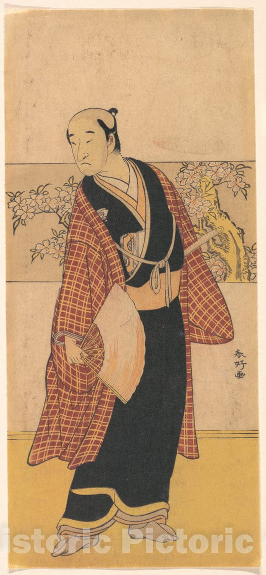Art Print : Katsukawa Shunk? - an Unidentified Actor Stands with an Open Fan in His Hand - Japan : Vintage Wall Art