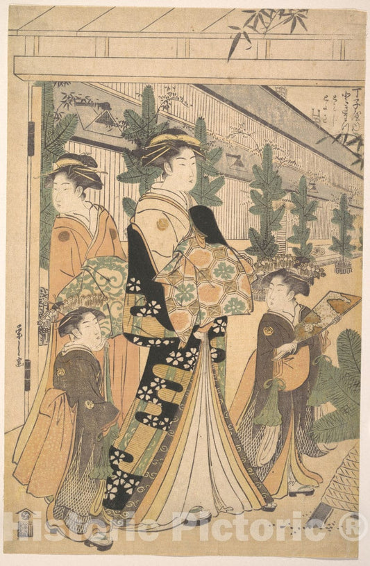 Art Print : Ch?bunsai Eishi - Two Oiran with Two Female Attendants in The Yoshiwara - Japan : Vintage Wall Art