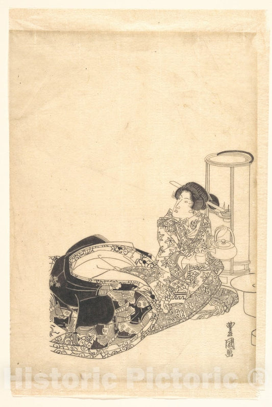 Art Print : Utagawa Toyokuni I - Courtesan or Actor as Courtesan Pouring Tea by The Light of a Lantern - Japan : Vintage Wall Art