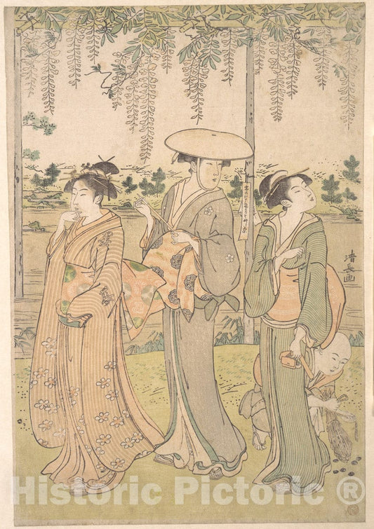 Art Print : Torii Kiyonaga - Three Women and a Small Boy Beneath a Wisteria Arbor on The Bank of a Stream - Japan : Vintage Wall Art