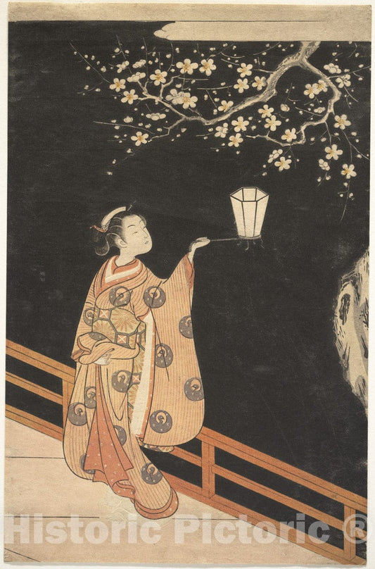 Art Print : Suzuki Harunobu - Woman Admiring Plum Blossoms at Night - Japan : Vintage Wall Art