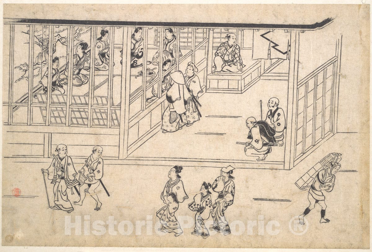 Art Print : Hishikawa Moronobu - Street Scene in The Yoshiwara - Japan v.2 : Vintage Wall Art