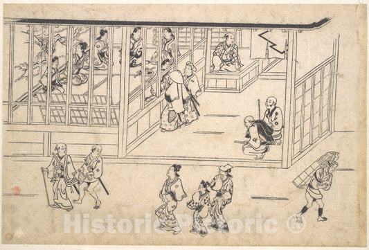 Art Print : Hishikawa Moronobu - Street Scene in The Yoshiwara - Japan v.2 : Vintage Wall Art