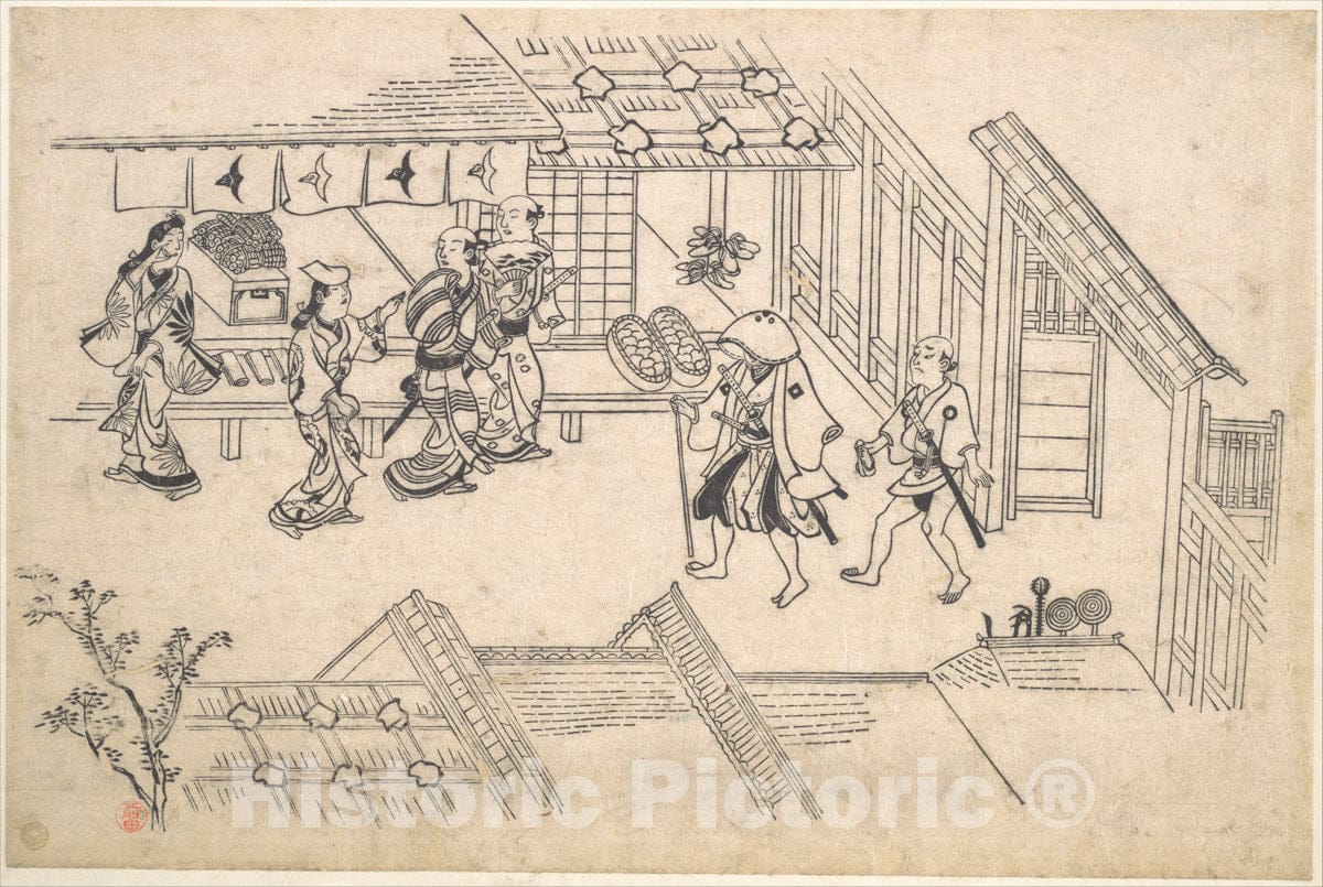 Art Print : Hishikawa Moronobu - The Entrance to Ageya-Machi, from The Series Scenes in The Yoshiwara (Yoshiwara no tei) - Japan : Vintage Wall Art