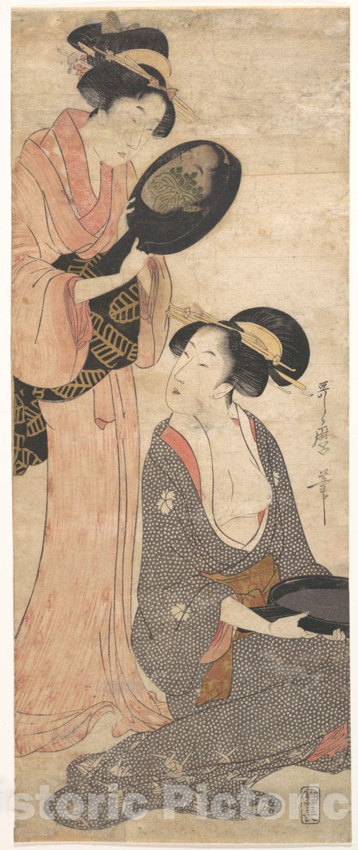 Art Print : Kitagawa Utamaro - Two Ladies, Each with a Portion of a Lacquered Mirror - Japan : Vintage Wall Art