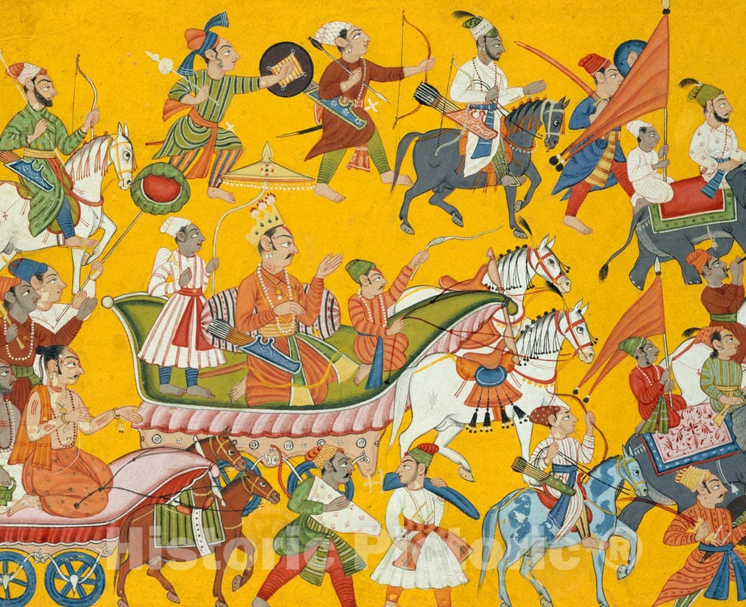 Art Print : Bahu Masters - King Dasaratha and His Retinue Proceed to Rama's Wedding: Folio from The Shangri II Ramayana Series - India (Bahu, Jammu) : Vintage Wall Art