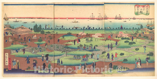 Art Print : Illustration of The Front Garden of The Tsukiji Hotel in The Eastern Capital - Artist: Utagawa Hiroshige III - Created: c1868 : Vintage Wall Art