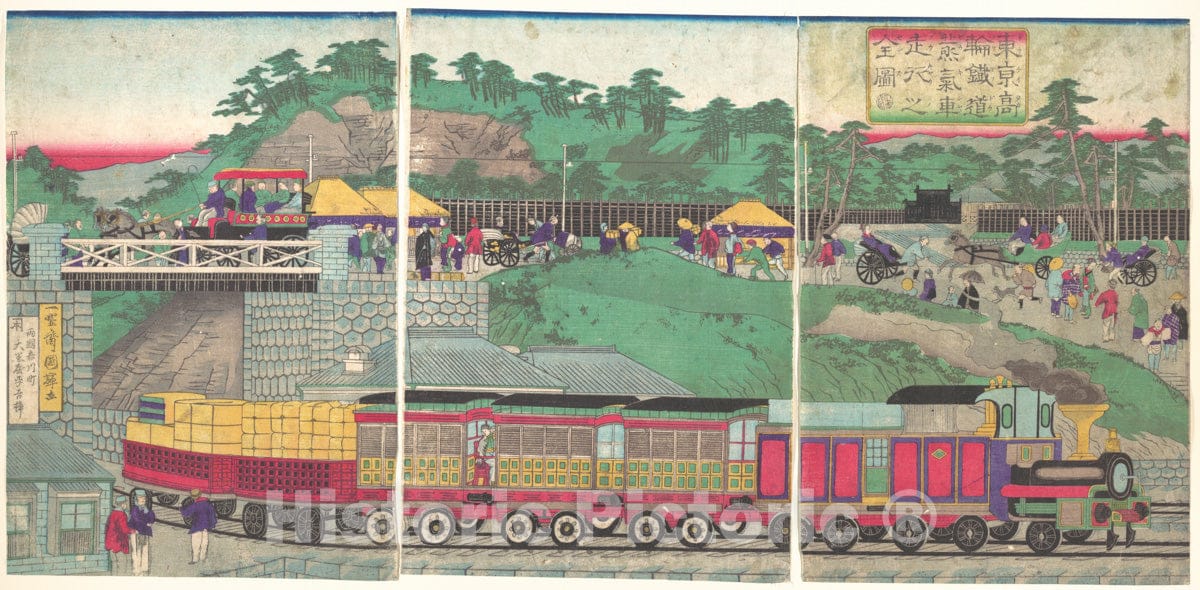 Art Print : Illustration of a Steam Locomotive Running on The Takanawa Railroad in Tokyo - Artist: Utagawa Kuniteru - Created: c1873 : Vintage Wall Art