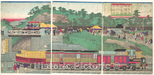 Art Print : Illustration of a Steam Locomotive Running on The Takanawa Railroad in Tokyo - Artist: Utagawa Kuniteru - Created: c1873 : Vintage Wall Art