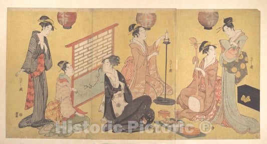 Art Print : Ch?bunsai Eishi - Geisha Preparing for an Entertainment - Japan : Vintage Wall Art